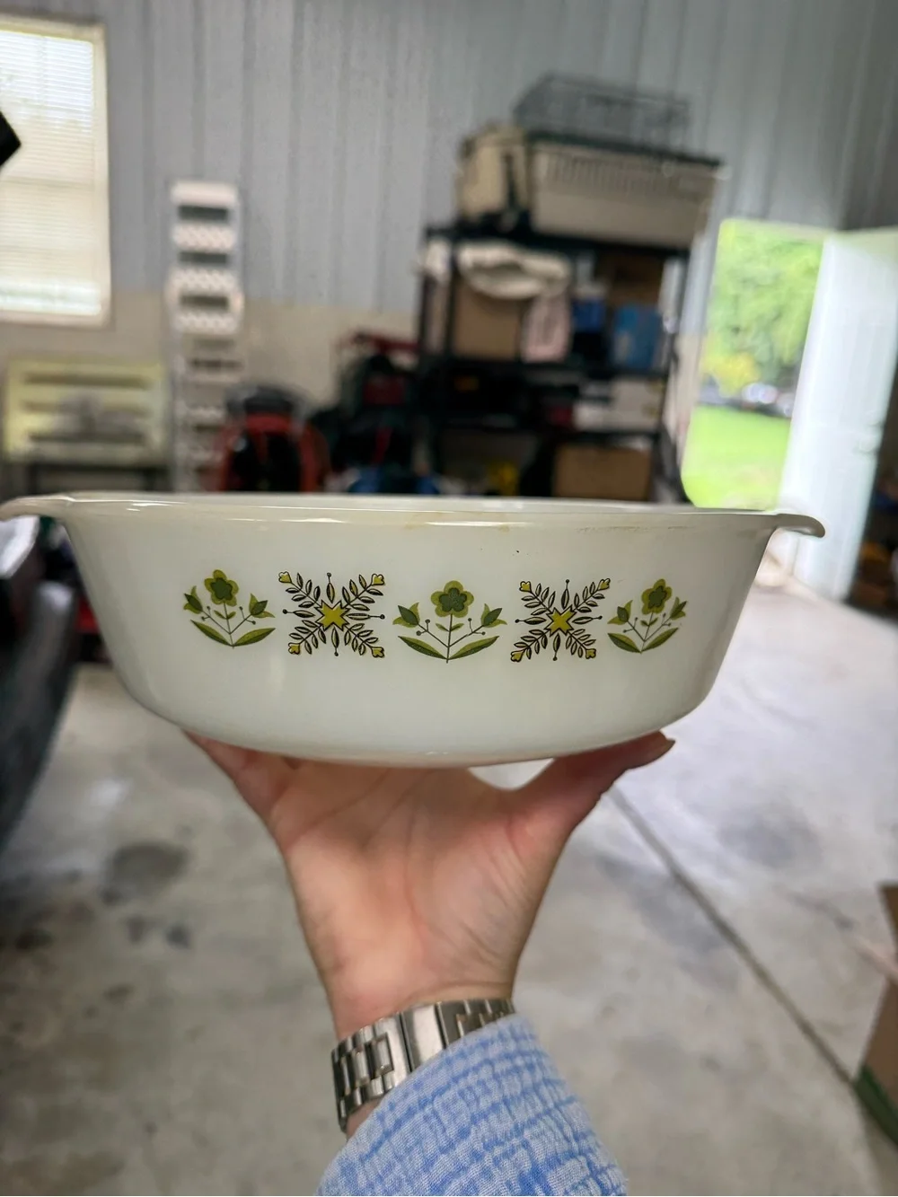 Vintage Milk Glass Casserole Dish with Green Floral Pattern